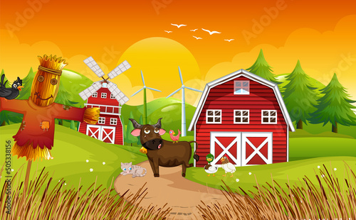 Animals in farm landscape