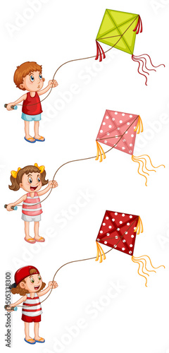 Set of different kids playing kites