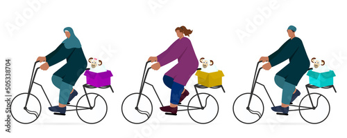 Illustration Of Diffrent Muslim Chartoon Character Driving a Bicycle with Sheep in Box On White Background.