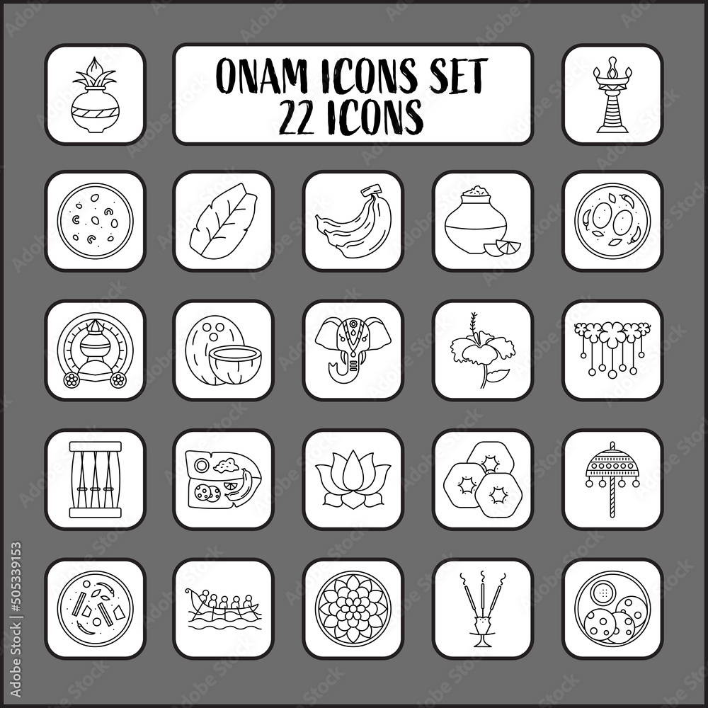 Black Linear Style Onam Festival Icon Or Symbol Set.