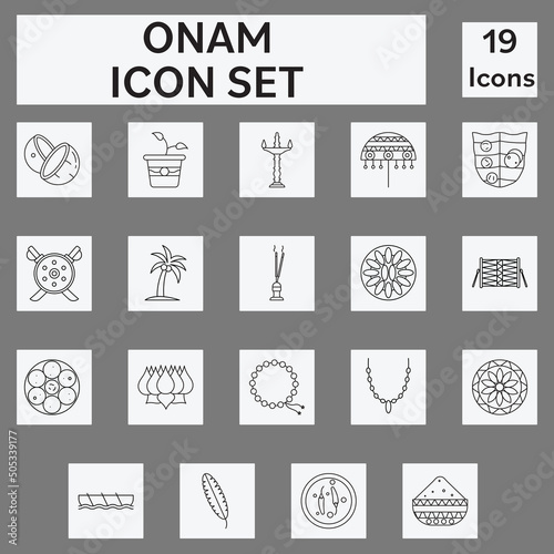 Black Linear Style Onam 19 Festival Icon Or Symbol Set.