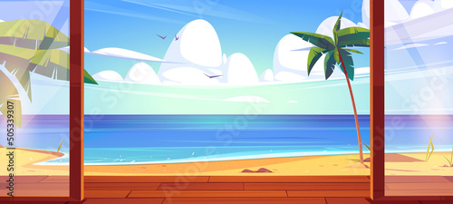 Bungalow wooden porch on tropical sand sea beach. Vector cartoon illustration of summer ocean shore landscape with palm trees and house terrace with glass doors