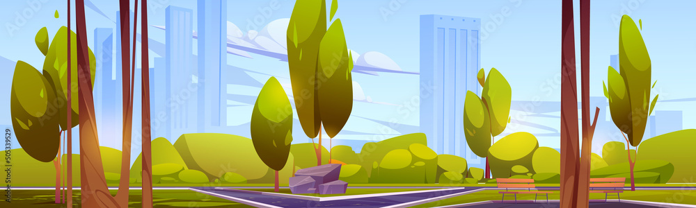 City park with green trees and grass, wooden benches and skyscrapers on skyline. Vector cartoon illustration of summer landscape of empty public garden with bushes, lawn and paths - obrazy, fototapety, plakaty 