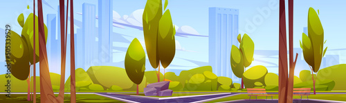 City park with green trees and grass, wooden benches and skyscrapers on skyline. Vector cartoon illustration of summer landscape of empty public garden with bushes, lawn and paths