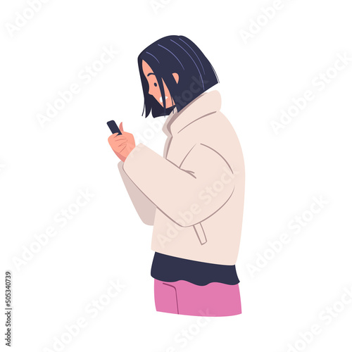 Woman Character with Smartphone Reading Shock Content or News Vector Illustration