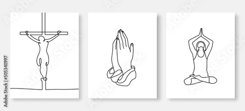 Prayer Trendy Minimalist Artistic Background Templates Set Line Art Drawing. Prayer Art Good for Cover, Wall Art, Print, Invitation, Banner, Poster, Brochure, Card, Flyer, Social Media. Vector EPS 10 