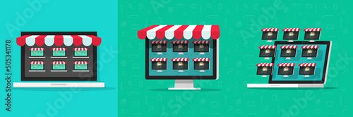 Multi vendor marketplace shop vector or multivector ecommerce tech with multiples online stores on virtual market place flat illustration, digital big mall concept on computer laptop screen image