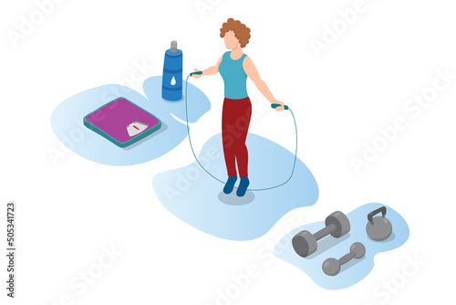 skipping rope or jump rope woman exercise training with modern isometric style