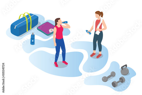 woman rehydration drink water after training workout with modern isometric style