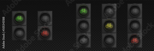 Bicycle traffic lights with red, yellow and green led lamps. Bike lane semaphore, signal system for safety driving control. Vector realistic set of traffic regulation system on city street
