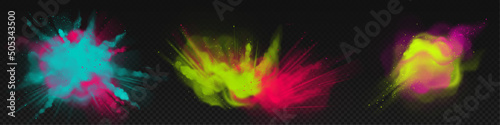Φωτογραφία Powder Holi paints, colorful clouds or explosions, ink splashes, decorative vibrant dye for festival isolated on transparent background, traditional indian holiday