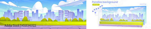 Cityscape with green lawn, bushes, stone road and buildings on skyline. Vector parallax background for 2d animation with cartoon illustration of summer landscape with field and town on horizon