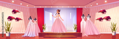 Beautiful bride fit on wedding dress in bridal shop. Young girl wear pink gown stand on podium at store with mannequins, jewelry, windows and lighting, boutique showroom Cartoon vector illustration