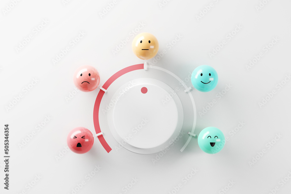 Customer choose emoji emoticons happy mood on emotions satisfaction meter, evaluation, Increase rating, Satisfaction and best excellent services rating concept, Feedback concept design, 3d render. - obrazy, fototapety, plakaty 