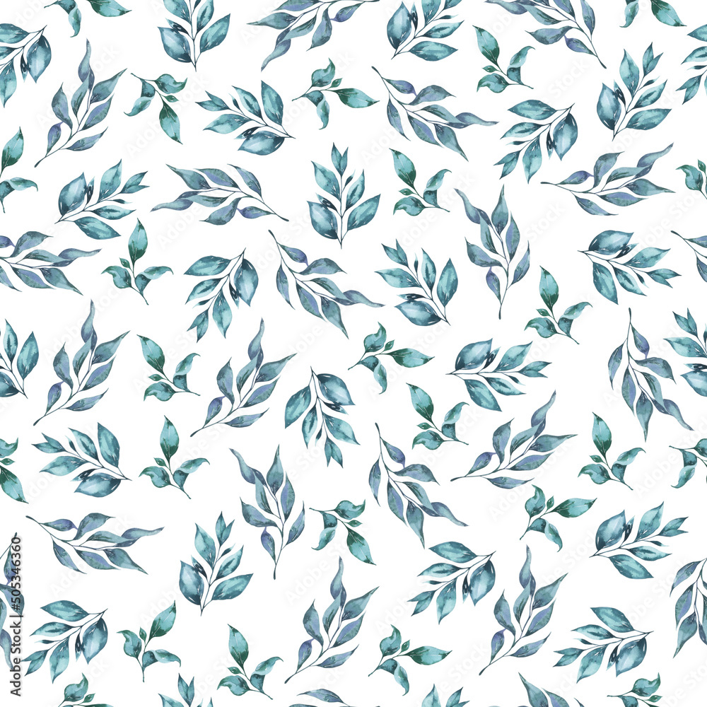 Seamless pattern with decorative light blue leaves. Hand drawn watercolor illustration. Seamless pattern with decorative light blue leaves. Hand drawn watercolor illustration.