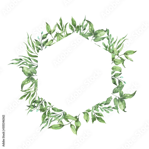 Decorative fresh green leaves and branches frame. Hand drawn watercolor illustration.