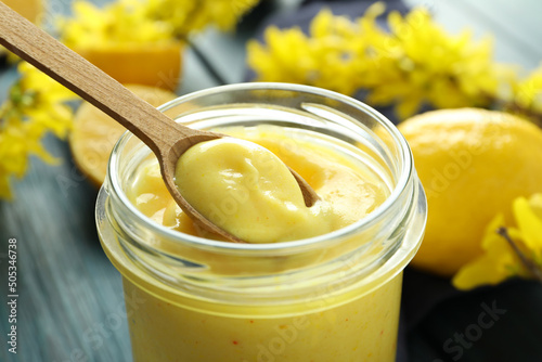 Concept of tasty food with lemon curd photo