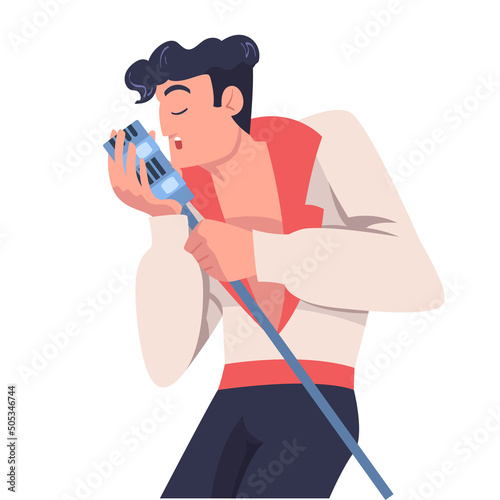 Man Singer and Musician with Microphone Performing Music on Stage Vector Illustration