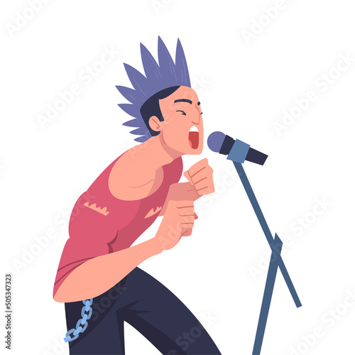 Man Rock Singer and Musician with Hawk and Microphone Performing Music on Stage Vector Illustration