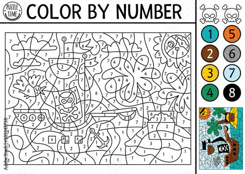 Vector color by number activity with pirate ship. Treasure island scene. Black and white counting game with cute boat, scull, crossbones. Sea adventures coloring page for kids.