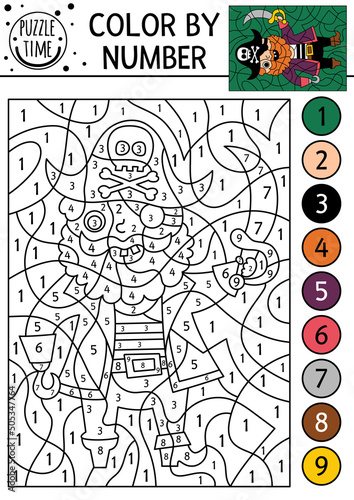 Vector color by number activity with cute pirate. Treasure island scene. Black and white counting game with cute captain with hook and sable. Sea adventures coloring page for kids.