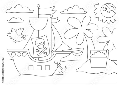 Vector black and white pirate ship scene. Line raider vessel sailing to the treasure island with palm trees and treasure chest. Treasure hunt illustration. Sea landscape, coloring page.