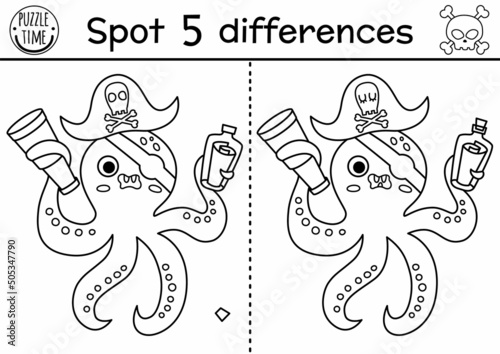 Black and white find differences game for children. Sea adventures line educational activity with cute pirate octopus and map in bottle. Treasure island printable worksheet, coloring page for kids.