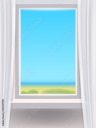 Window in interior  view on landscape  spring  curtains. Vector illustration template realistic