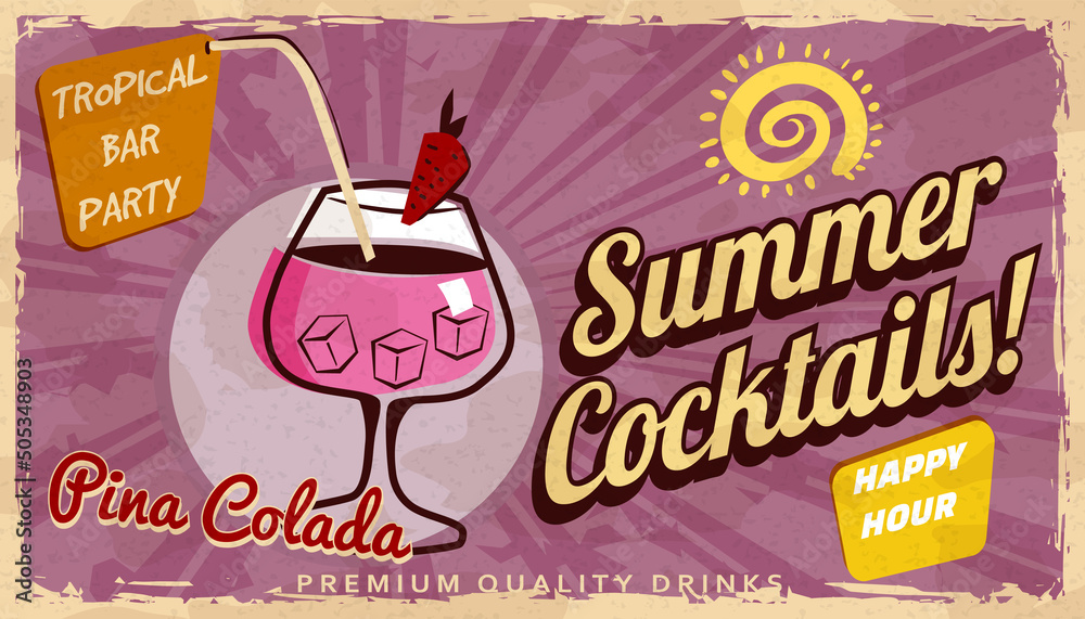 Summer Pina Colada Cocktail Retro banner. Cocktail lounge vintage background, scratched old textured paper - obrazy, fototapety, plakaty 