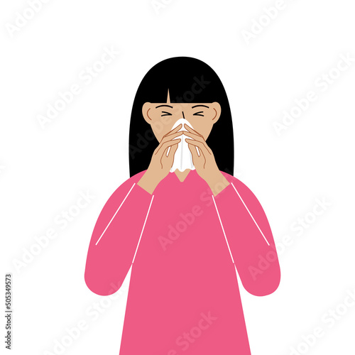 A woman covers his nose with his hands with a handkerchief. The concept of a sick person, sneezing, seasonal allergies, bad smell.