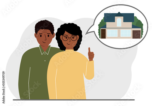 Happy couple or adult family hugging and thinking about buying a dream home. Dreamy metaphor.