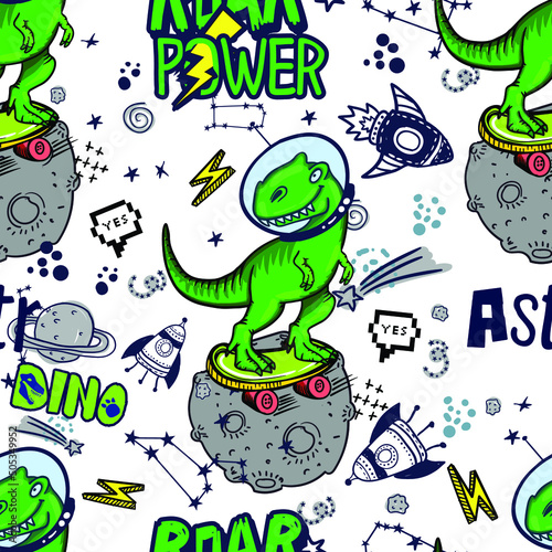 Dinosaurs in space hand drawn color vector seamless pattern.  Sketch  Jurassic reptiles. print for textiles, clothes, t-shirts, wrapping paper and more