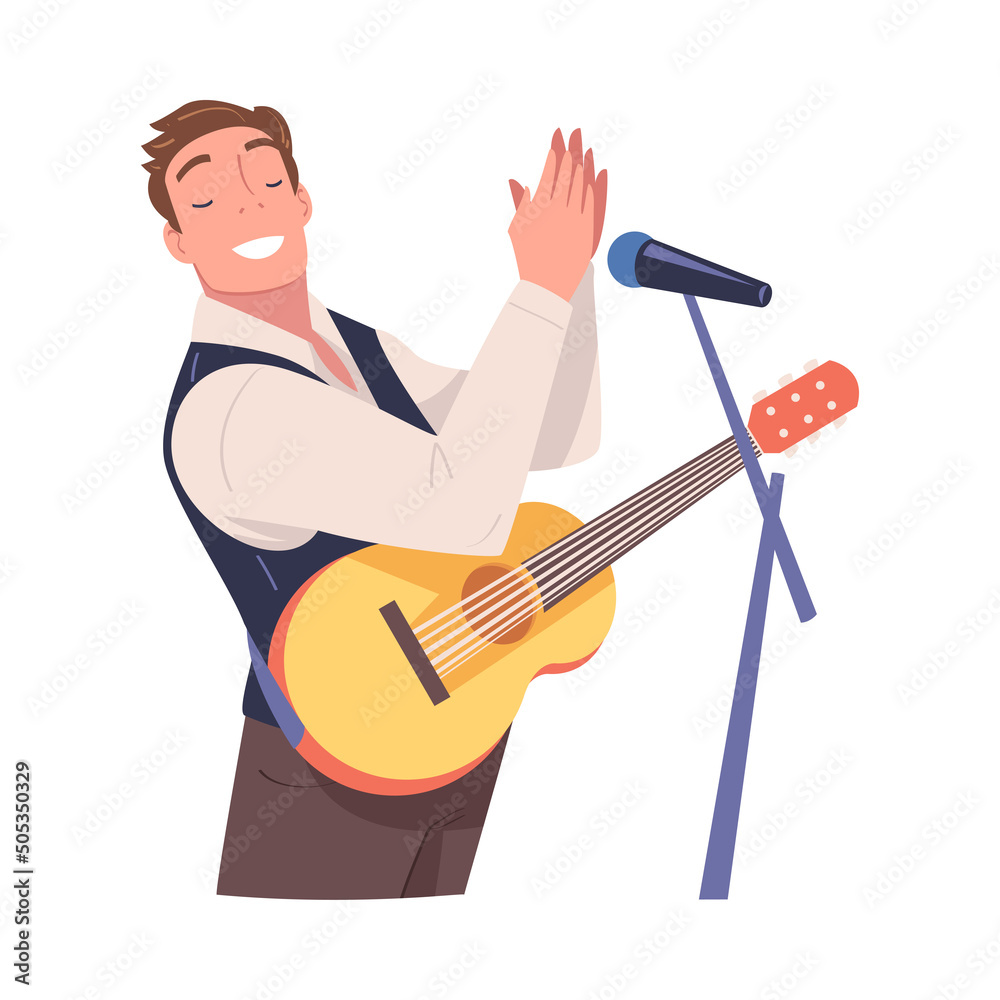 Fototapeta premium Man Singer and Musician with Microphone and Guitar Performing Music on Stage Vector Illustration