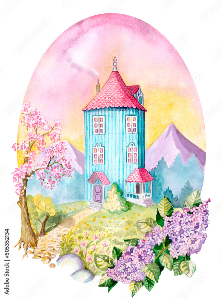 Fototapeta Watercolor spring moomin house portcard  (from Tove Jansson Moomins) on white ba