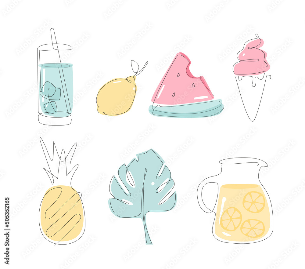 summer food one line set. simple set of drinks and fruits. outline gar with lemonade. Summer snacks in line art. .Vector. linear watermelon