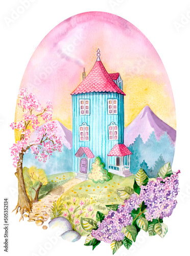Fotografia Watercolor spring moomin house portcard  (from Tove Jansson Moomins) on white ba
