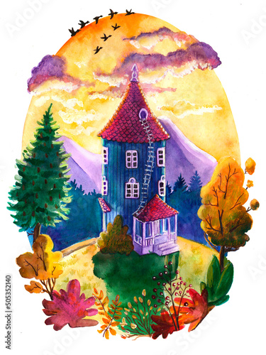 Tela Watercolor autumn sunset moomin house portcard  (from Tove Jansson Moomins) on w