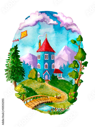 Murais de parede Watercolor summer moomin house portcard  (from Tove Jansson Moomins) on white ba