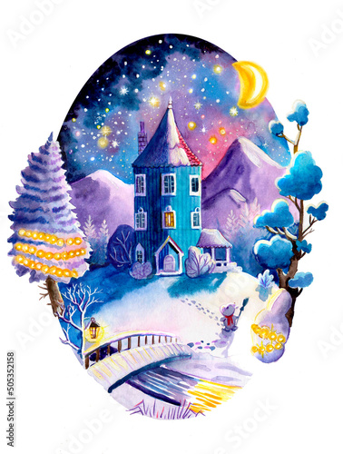Fotografia Watercolor winter night moomin house portcard  (from Tove Jansson Moomins) on wh