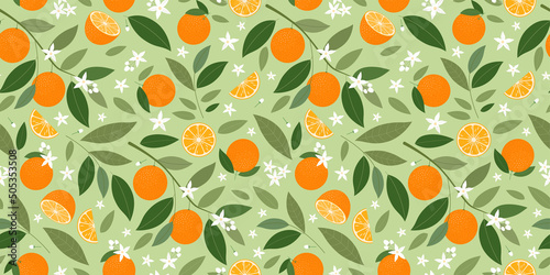 Branches of oranges with flowers on a green background, ripe oranges seamless vector pattern. Texture for the background. Ornament for textile, fabric, wallpaper, surface design.