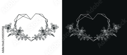 Black and white frame in the shape of a heart decorated with flowers. Frame for invitation, postcard, poster. Vector elements. photo