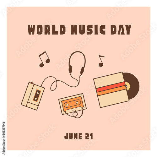 Retro style World Music Day square card, banner design. Vintage music devices, vinyl record disc and cassette tape. Nostalgic old-fashioned vector illustration in flat style.