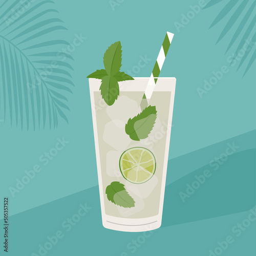 Mojito Cocktail with ice, lime slice and mint leaves. Summer aperitif with rum, lime juice and soda garnished with mint sprig. Alcoholic beverage with straw. Vector illustration on tropical background