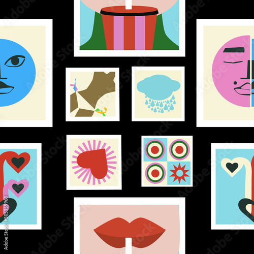 Samless pattern of different patches and stickers. Abstract theme. Vector illustration. 