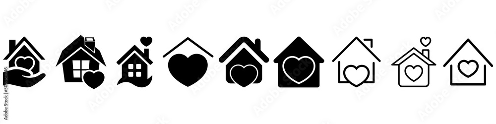 Heart with home vector set. House with heart illustration sign collection. cottage sybmol or logo