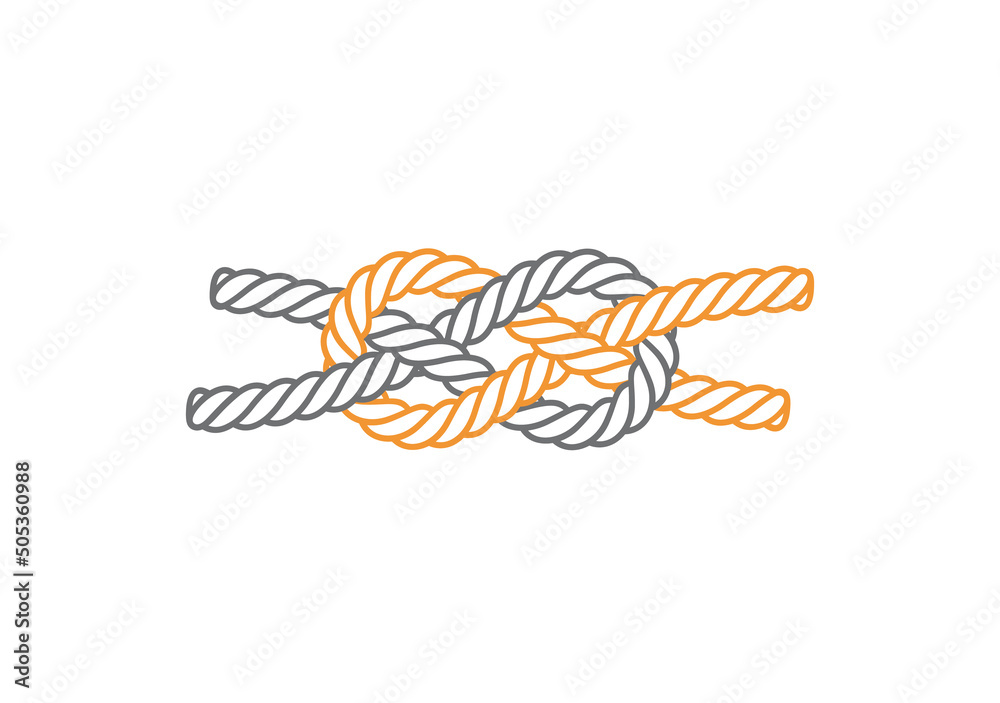 A knot made up of two ropes. Square knot. Isolated on white background