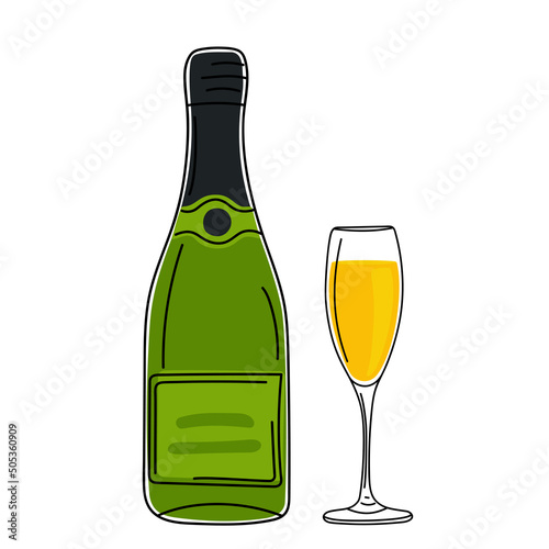 Vector illustration of a hand drawn bottle of a champagne and wine glass isolated on a white background.