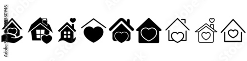 Heart with home vector set. House with heart illustration sign collection. cottage sybmol or logo