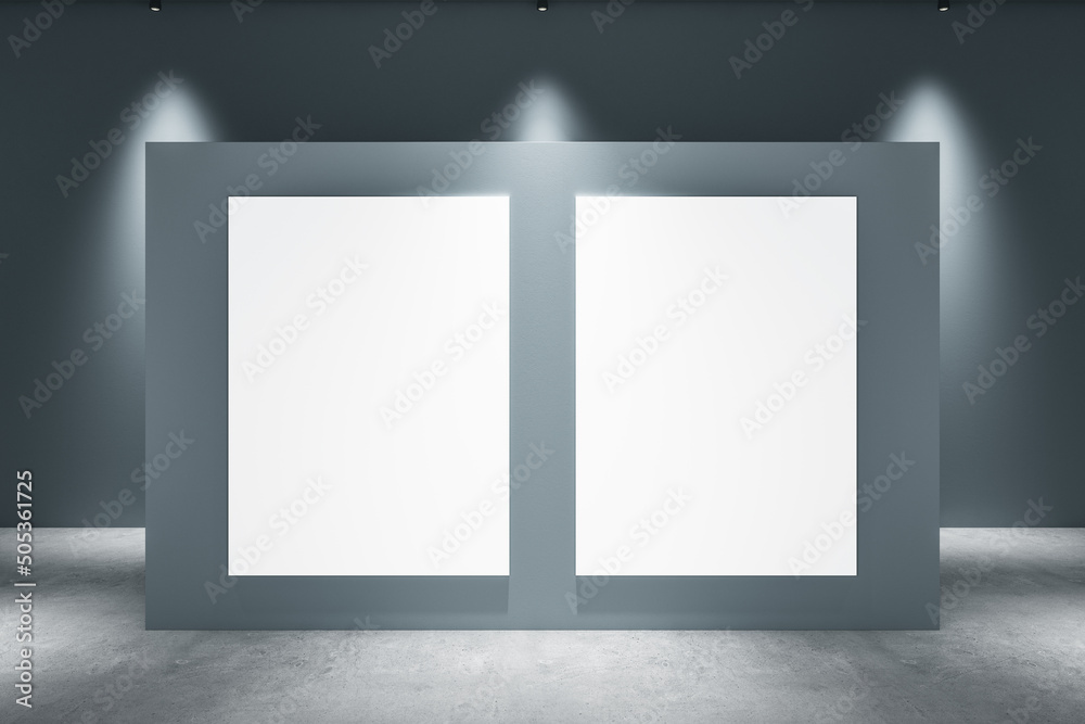 Modern concrete gallery interior with lights and white mock up poster on wall. Exhibition concept. 3D Rendering. - obrazy, fototapety, plakaty 