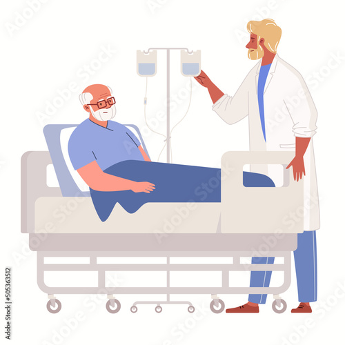 Doctor puts intravenous drip on sick elderly man lying on hospital bed. Concept of healthcare and medicine. Vector characters flat cartoon illustration.